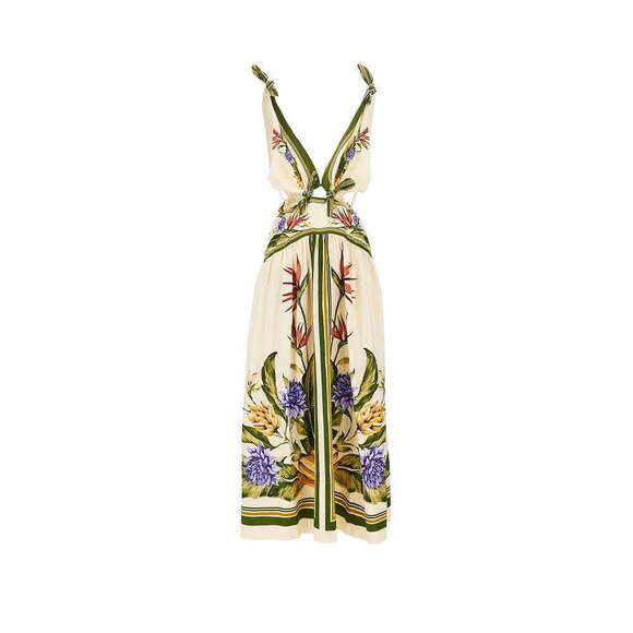 Farm Rio Dresses & Skirts - Farm Rio Tropical Scarf Print Linen-Blend Dress